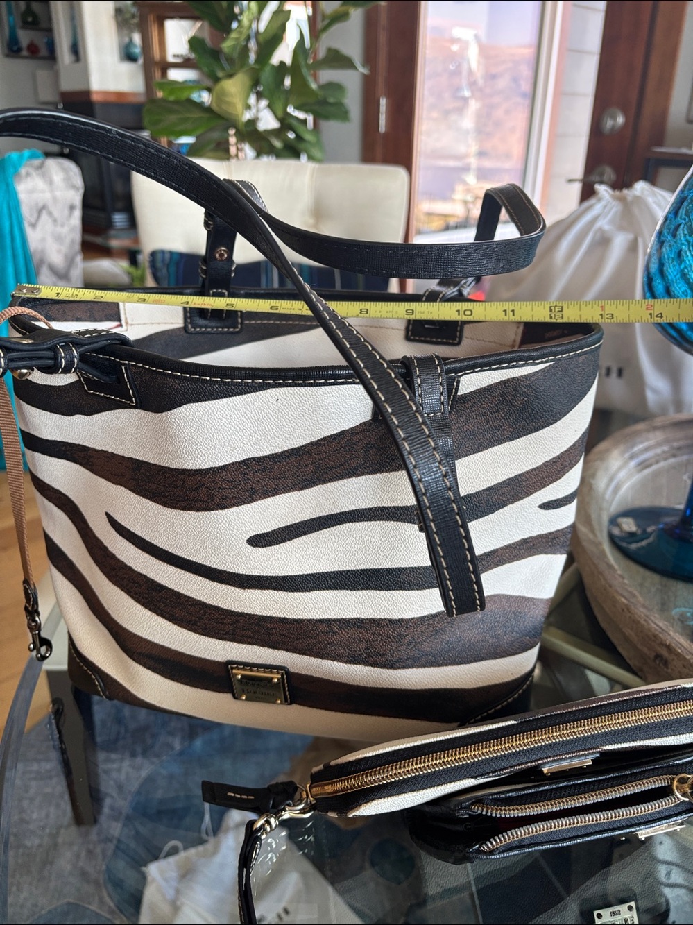 Dooney & Bourke leather Brown & White Zebra-Stripe Tote with Black Trim - Picture 3 of 6